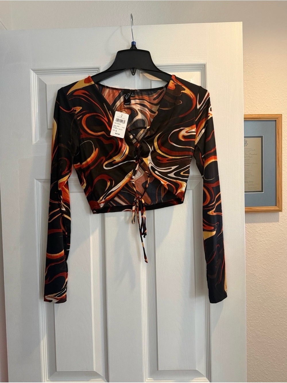 Windsor Black Swirl Tie-Front Long Sleeve Crop Top
